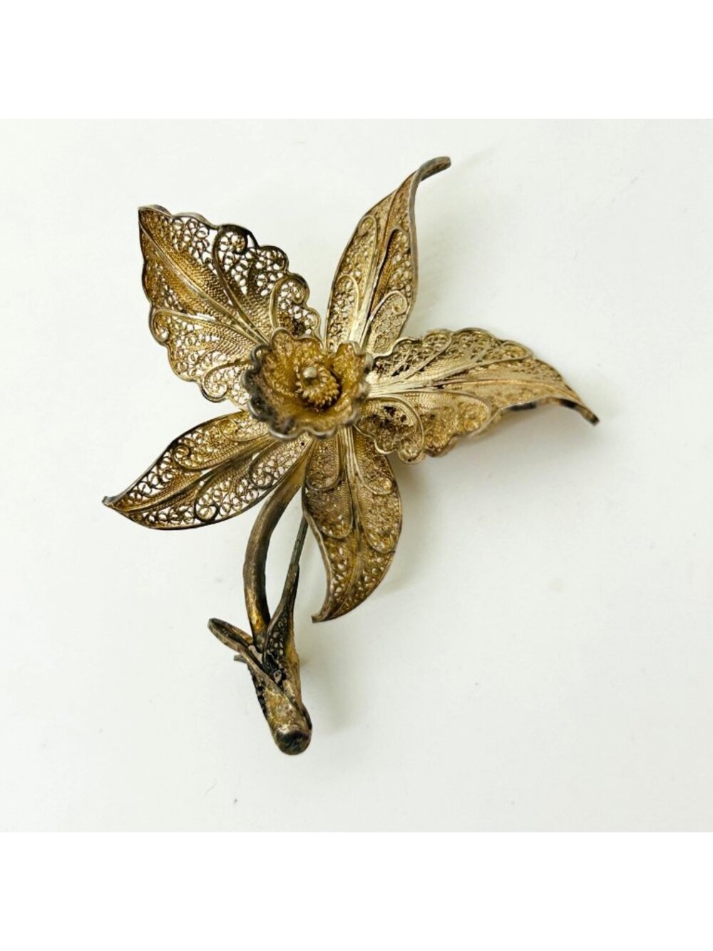 Sterling Silver Gilt Vermeil Filigree Orchid Flower Brooch Pin Vintage 9 grams
